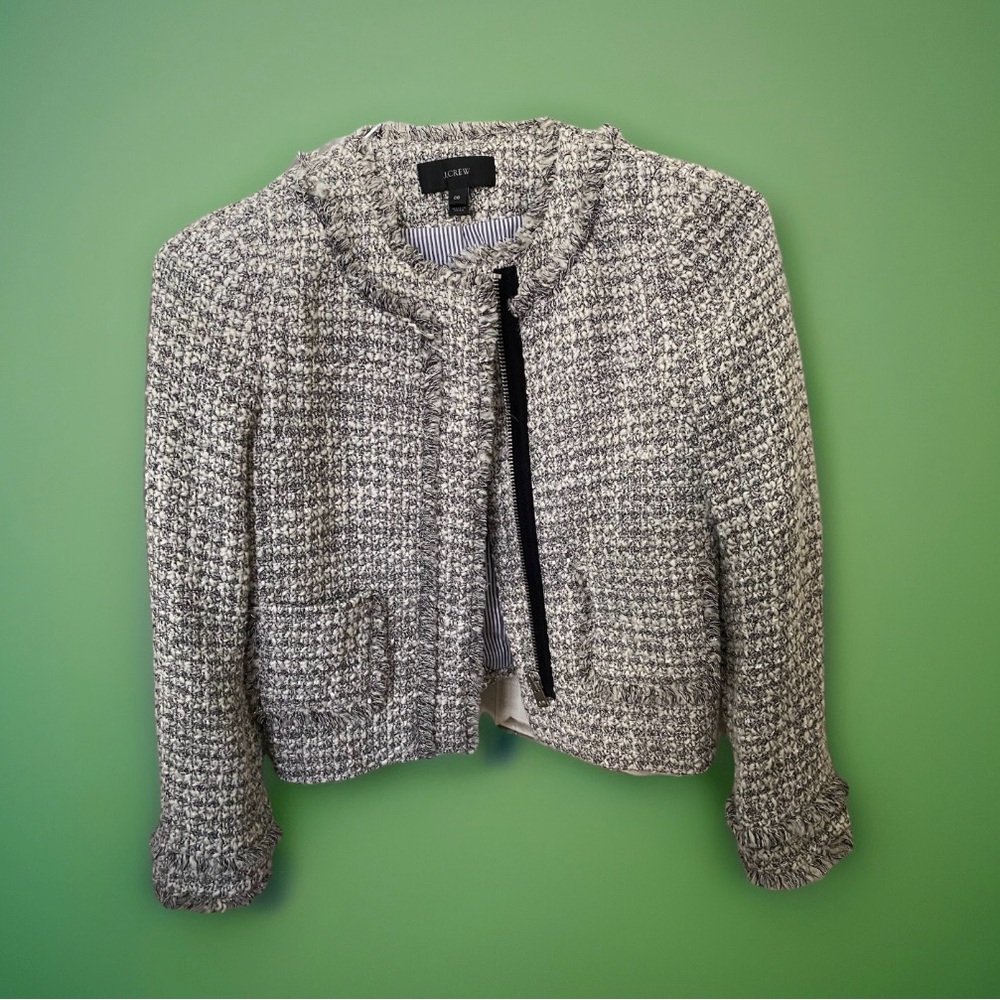 J.Crew Tweed Jacket Size 00 Fringe Trim Zip Front 28% Wool Blazer Chic Like New - Picture 2 of 6
